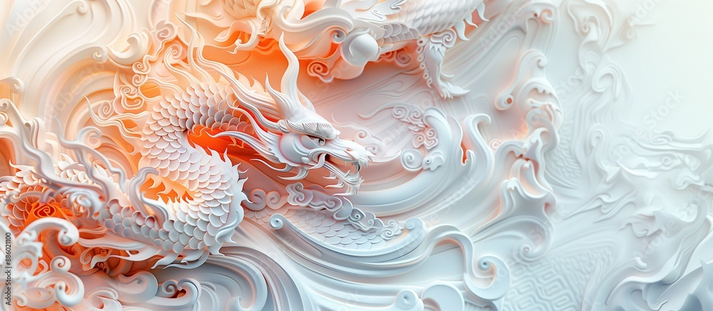 3D Illustration of Chinese Dragon Surrounded by Clouds, Reliefs, Salmon Color Palette, Copy Space. 3D Illustration of Chinese Dragon Surrounded by Clouds, Reliefs, Salmon Color Palette, Copy Space.