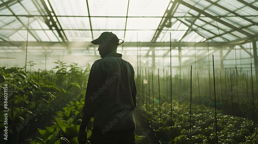 A farmer wearing a cap walks through a greenhouse with mist. The sun shines through the glass roof, illuminating the plants A farmer wearing a cap walks through a greenhouse with mist. The sun shines through the glass roof, illuminating the plants
