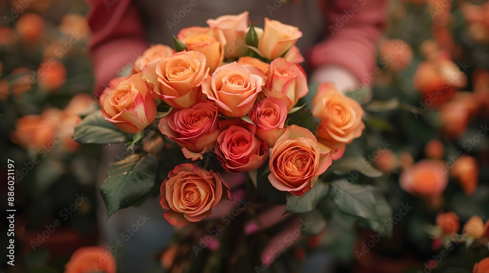 A bouquet of peach-colored roses is held in the hands of a person A bouquet of peach-colored roses is held in the hands of a person