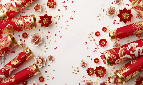 Chinese New Year background with traditional red and gold paper cut fans, Chinese firecrackers photo
