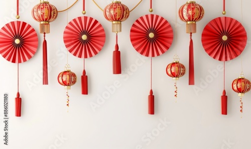 Chinese New Year background with traditional red and gold paper cut fans, Chinese firecrackers photo