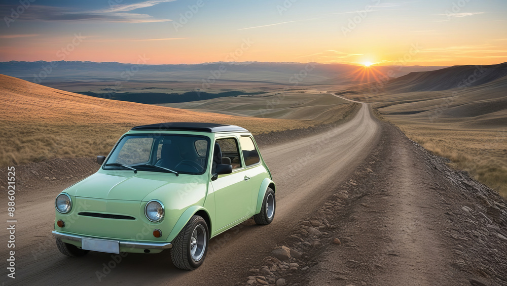 A small pastel-colored car was on display. A dirt road in a valley with beautiful scenery A small pastel-colored car was on display. A dirt road in a valley with beautiful scenery