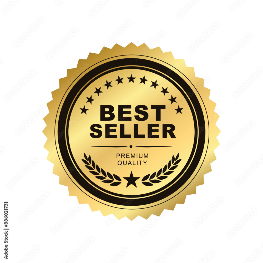 Best seller sticker label, gold badge with Stars and Golden laurel wreath Decoration ,Premium Quality text product, for use to book cover label or your product the Best ,vector isolated on white Best seller sticker label, gold badge with Stars and Golden laurel wreath Decoration ,Premium Quality text product, for use to book cover label or your product the Best ,vector isolated on white