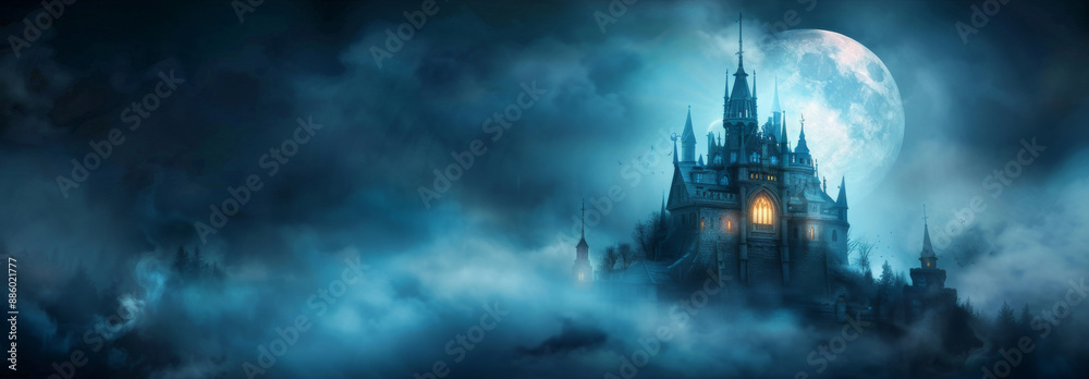 Mysterious Castle in the Fog with Full Moon