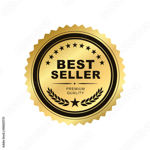 Best seller sticker label, gold badge with Stars and Golden laurel wreath Decoration ,Premium Quality text product, for use to book cover label or your product the Best ,vector isolated on white