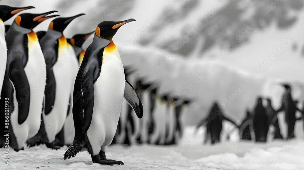 Fototapeta premium King penguin navigating through a group of penguins
