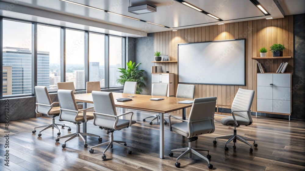 Empty modern conference room with a large whiteboard covered in colorful sticky notes, markers, and a scattered charts. Empty modern conference room with a large whiteboard covered in colorful sticky notes, markers, and a scattered charts.