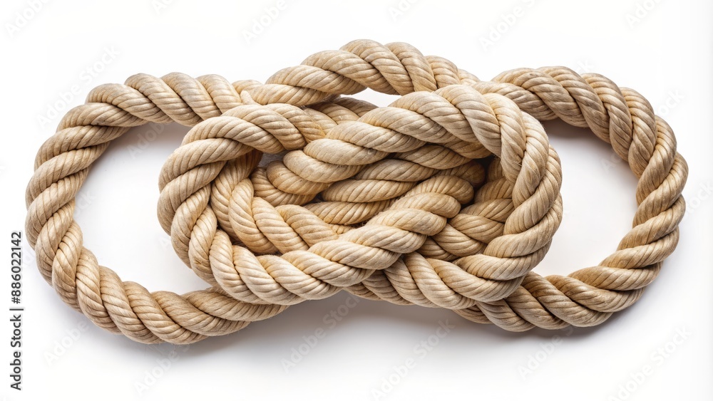 Coiled ship rope knot with intricate loops and twists isolated on a clean white background, highlighting nautical theme details. Coiled ship rope knot with intricate loops and twists isolated on a clean white background, highlighting nautical theme details.