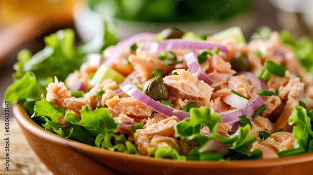 Vibrant Mediterranean-Inspired Tuna Salad, A Nutrient-Rich Fusion of Omega-3s, Crisp Vegetables, and Zesty Capers for Wholesome Living. Vibrant Mediterranean-Inspired Tuna Salad, A Nutrient-Rich Fusion of Omega-3s, Crisp Vegetables, and Zesty Capers for Wholesome Living.