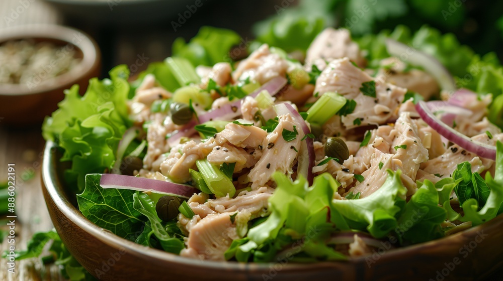 Vibrant Mediterranean-Inspired Tuna Salad, A Nutrient-Rich Fusion of Omega-3s, Crisp Vegetables, and Zesty Capers for Wholesome Living. Vibrant Mediterranean-Inspired Tuna Salad, A Nutrient-Rich Fusion of Omega-3s, Crisp Vegetables, and Zesty Capers for Wholesome Living.