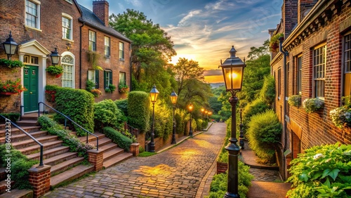 Winding downhill slope of iconic San Francisco street lined with lush greenery, ornate lamps, and historic brick buildings in warm light.