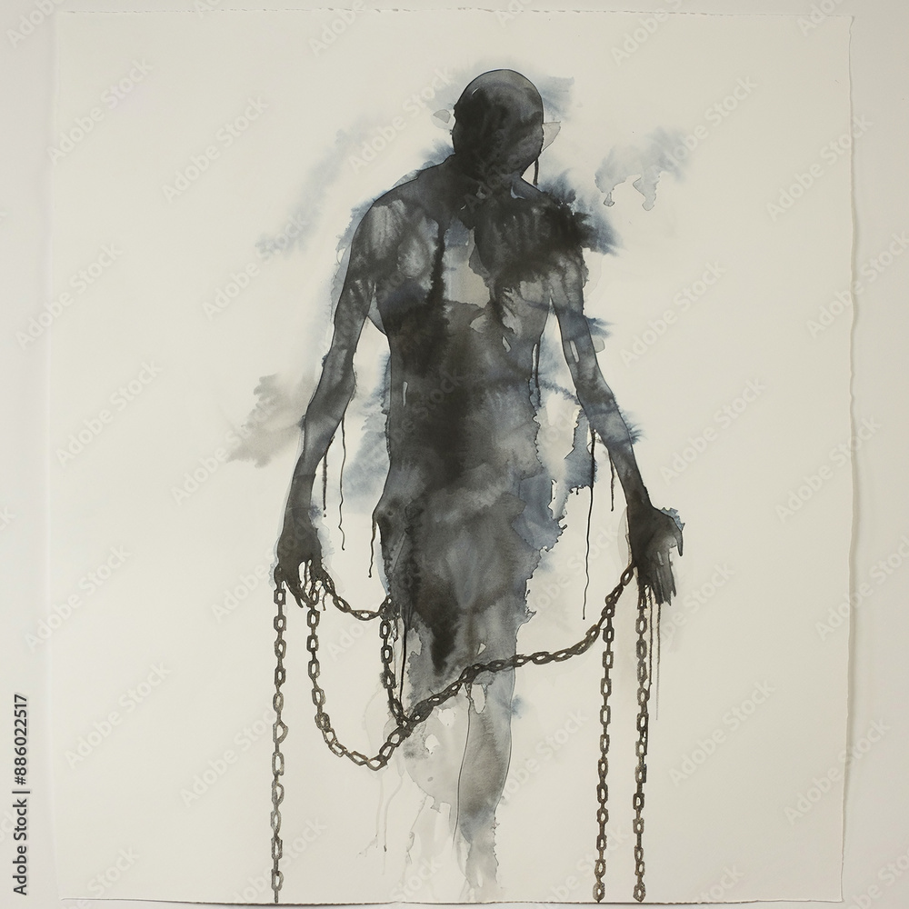 Obraz premium Ghostly figure with chains Watercolor on white background