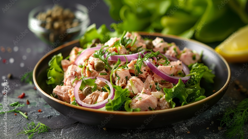 Vibrant Mediterranean-Inspired Tuna Salad, A Nutrient-Rich Fusion of Omega-3s, Crisp Vegetables, and Zesty Capers for Wholesome Living. Vibrant Mediterranean-Inspired Tuna Salad, A Nutrient-Rich Fusion of Omega-3s, Crisp Vegetables, and Zesty Capers for Wholesome Living.