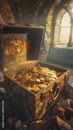 A treasure chest filled with gold coins in a dimly lit room. photo