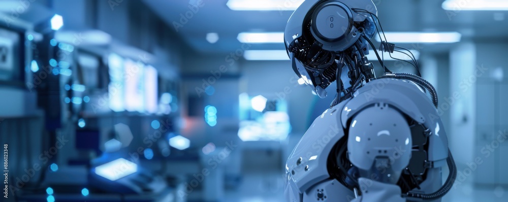 Futuristic AI Robot in Laboratory Setting with Photorealistic Rendering and Subtle Blue Hues Futuristic AI Robot in Laboratory Setting with Photorealistic Rendering and Subtle Blue Hues