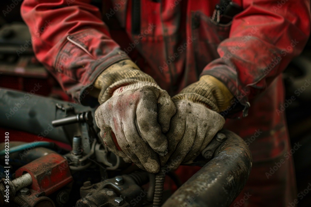 Close up of dirty gloved hands working on a truck engine repair in a mechanical workshop Close up of dirty gloved hands working on a truck engine repair in a mechanical workshop