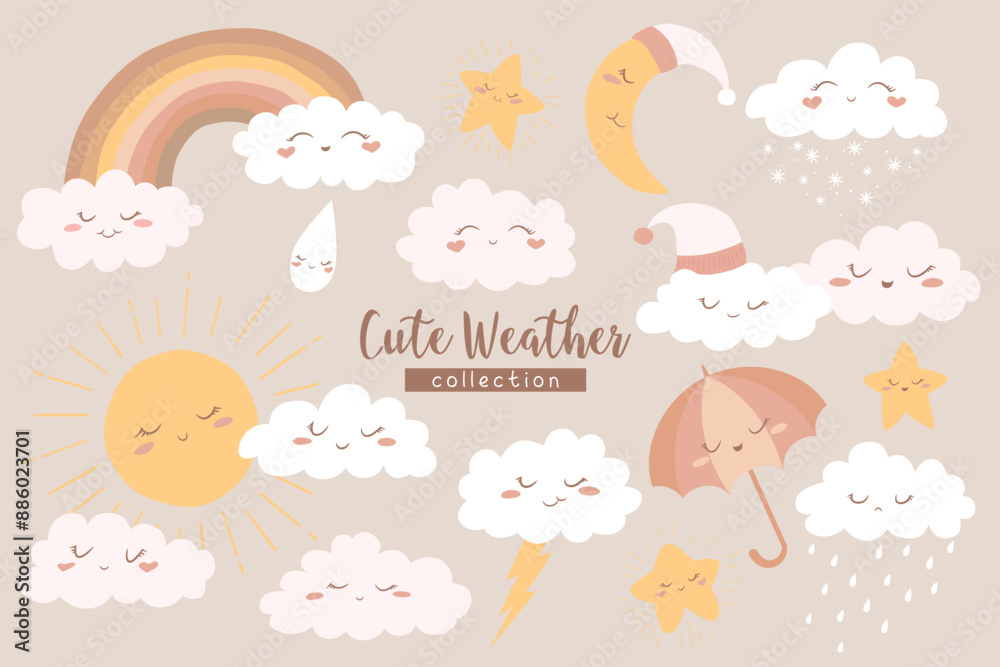 Vector boho collection with hand drawn cartoon sun, moon, rainbow, umbrella, rain, snow, clouds and stars isolated on light background. Cute cartoon weather characters pastel illustration Vector boho collection with hand drawn cartoon sun, moon, rainbow, umbrella, rain, snow, clouds and stars isolated on light background. Cute cartoon weather characters pastel illustration