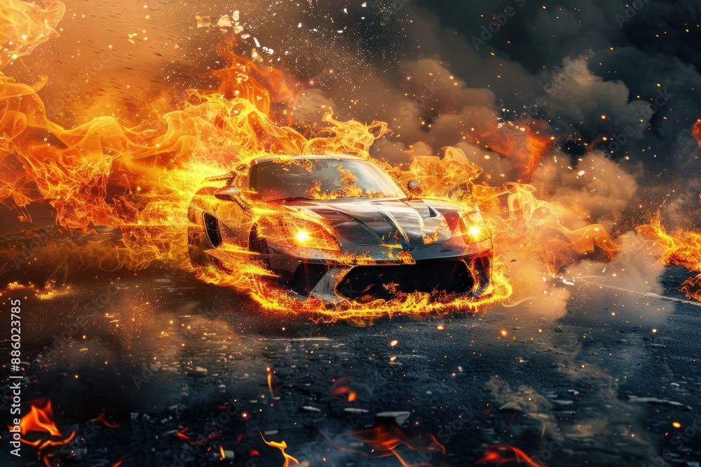 Obraz premium Futuristic sports car is driving fast leaving a blazing trail of fire