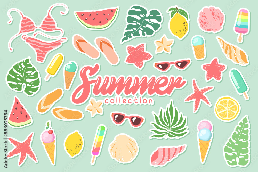 Vector illustration with cute hand drawn summer stickers set isolated on blue green background. Design for greeting card, invitation template, banner and poster Vector illustration with cute hand drawn summer stickers set isolated on blue green background. Design for greeting card, invitation template, banner and poster