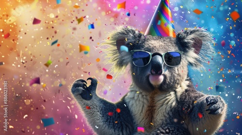 Festive Koala in Party Hat on blurred color background