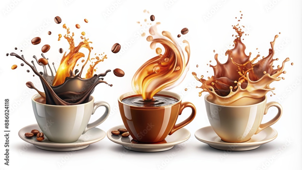 Fototapeta premium Vibrant vector illustrations of steaming coffee and hot chocolate splashes isolated on a plain background in various shapes and sizes.