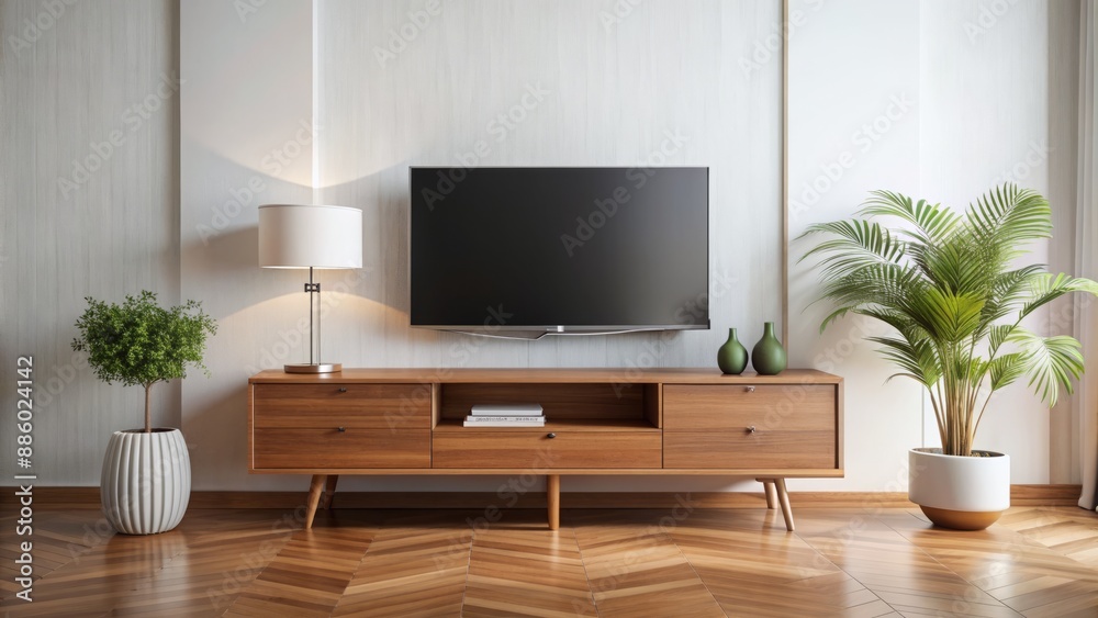 Modern sleek television on wooden TV stand against a minimalist white wall backdrop in an unfurnished living room setting. Modern sleek television on wooden TV stand against a minimalist white wall backdrop in an unfurnished living room setting.