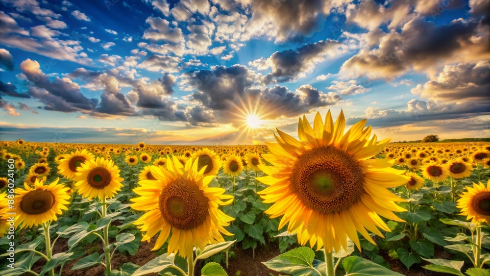 Obraz premium Vibrant yellow sunflowers stretch towards the horizon, set against a brilliant blue sky with a few wispy clouds under radiant sunlight.
