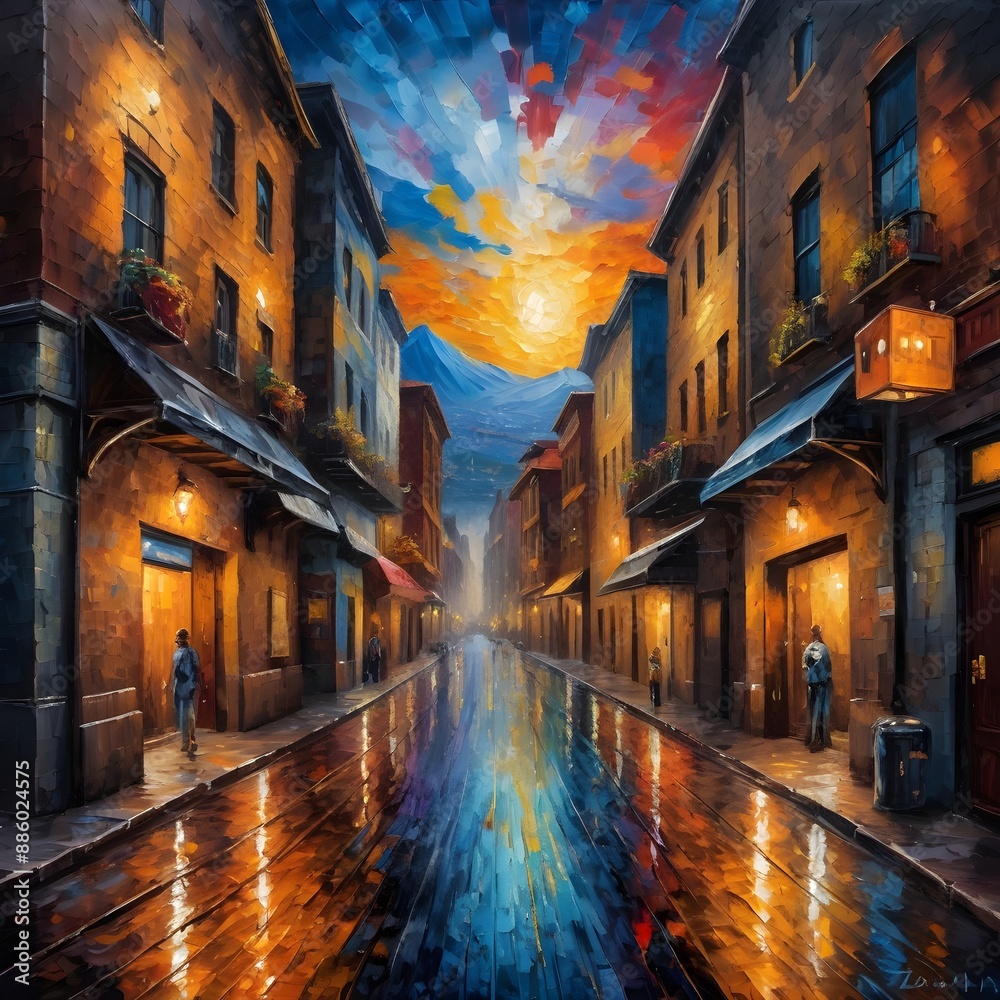 Naklejka premium Oil Painting Ancient city