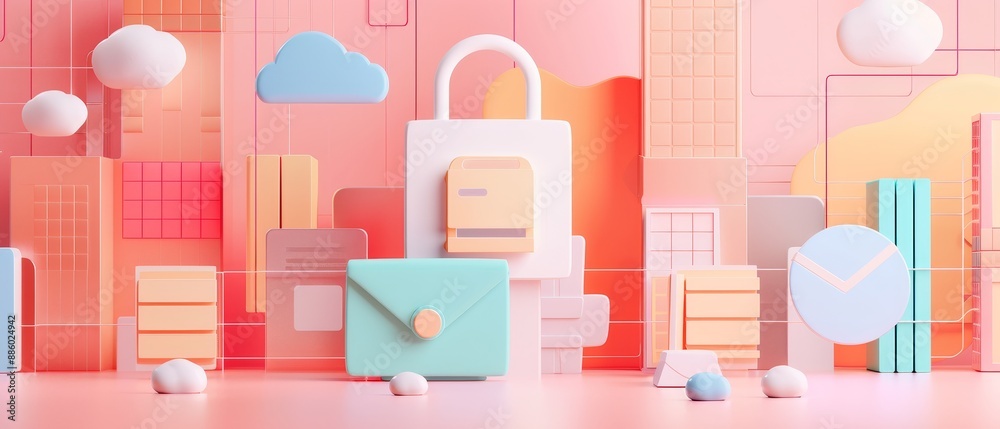 Data Protection in Colorful Pastel: Secure Flat Design with 3D Render in Side View Data Protection in Colorful Pastel: Secure Flat Design with 3D Render in Side View