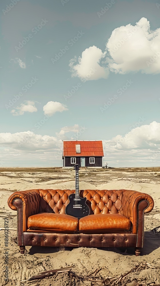 Desolate dreamscape with a lone couch and guitar Desolate dreamscape with a lone couch and guitar