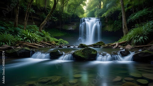 Magical scenery of a forest cave with a serene waterfall and glowing lights, invoking a fantasy ambiance. generative.ai