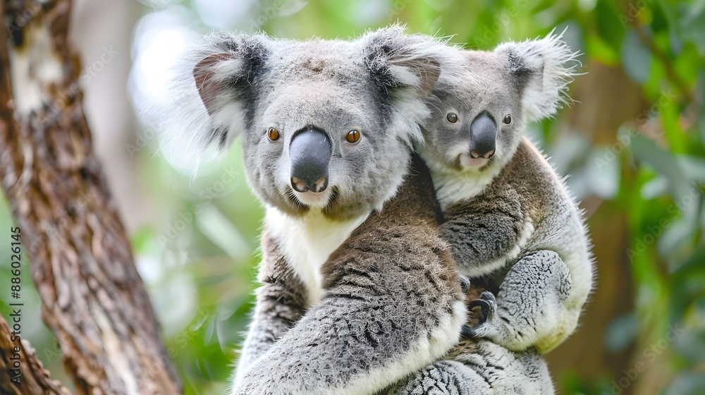 Fototapeta premium Mother koala with baby on her back