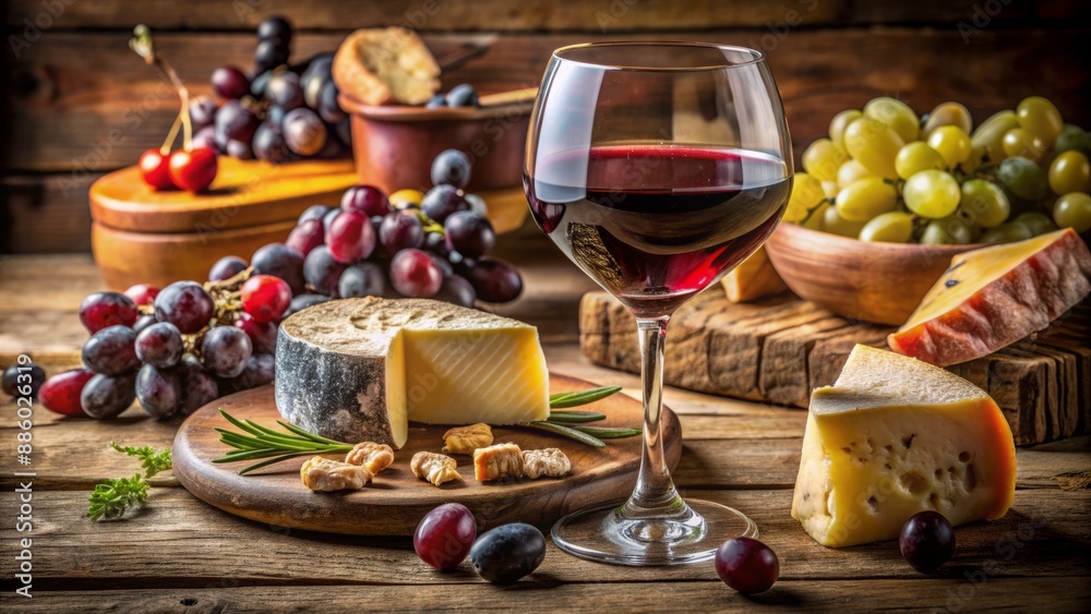 Richly-colored burgundy wine glass sits atop rustic wooden table surrounded by an assortment of artisanal cheeses, grapes, and olives. Richly-colored burgundy wine glass sits atop rustic wooden table surrounded by an assortment of artisanal cheeses, grapes, and olives.