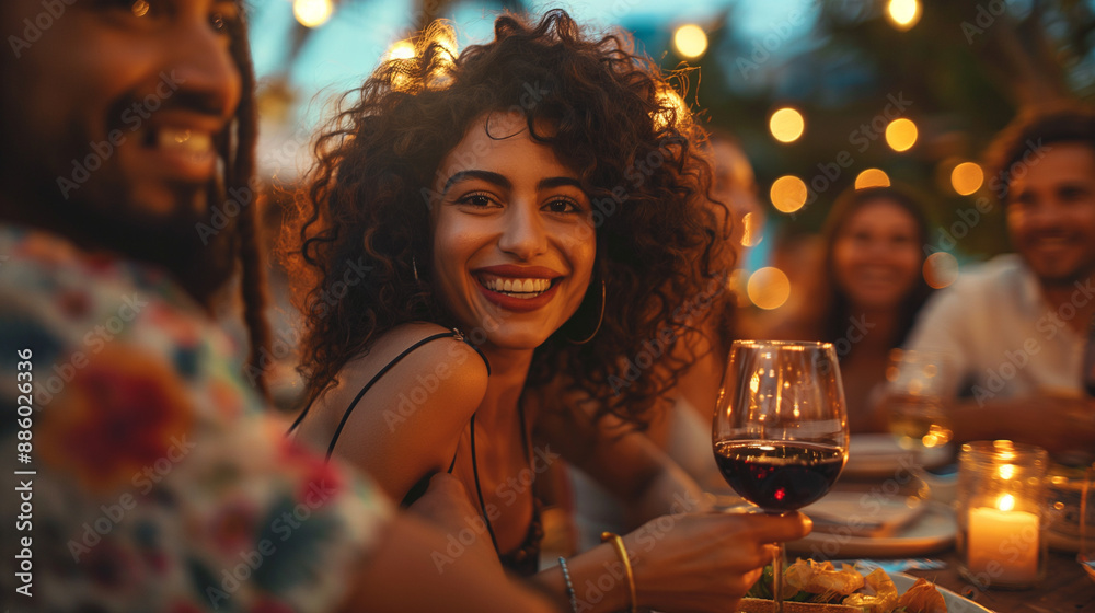 a vibrant gathering of young, multi-ethnic friends relishing a joyful dinner and savoring red wine, celebrating diversity and unity in a warm, convivial atmosphere.