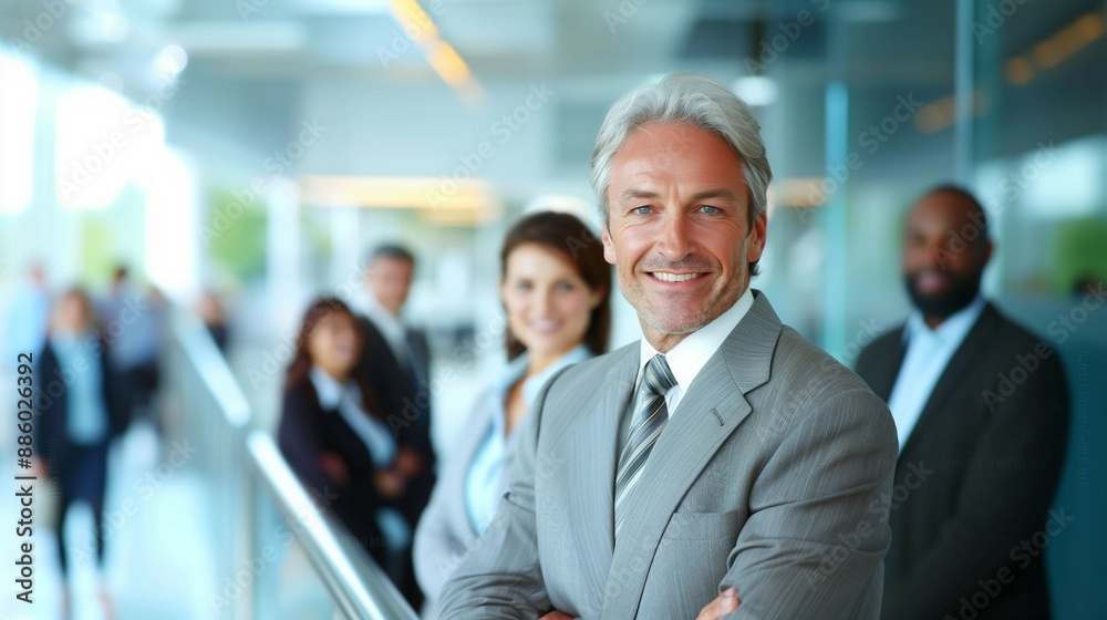 A confident senior businessman,arms crossed stands in an office, wearing glasses and smiling. A confident senior businessman,arms crossed stands in an office, wearing glasses and smiling.