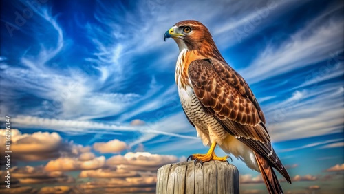 Majestic red-tailed hawk perched atop a weathered fence post, gazing intensely into the distance, set against a vast blue sky backdrop. photo