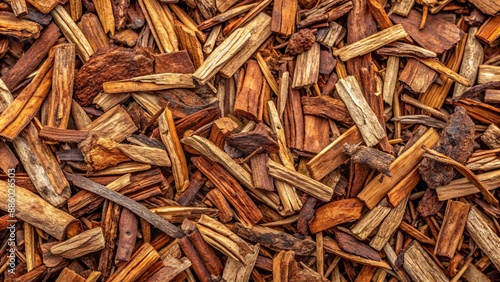 A close-up of natural wooden mulch texture with rich brown earthy tones and varying wood chip sizes and patterns. © DigitalArt Max