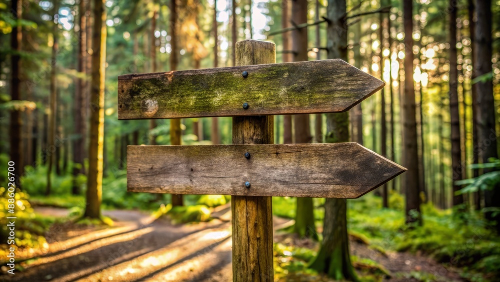 Naklejka premium Old worn-out vintage wooden arrow signpost with faded direction signs standing alone in the middle of a dense forest.