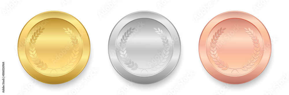 Gold, silver and bronze medals realistic shiny metallic set, with laurel wreath for Winner sports awards symbols, Celebration Championship Sports competition first, second and third place awards Gold, silver and bronze medals realistic shiny metallic set, with laurel wreath for Winner sports awards symbols, Celebration Championship Sports competition first, second and third place awards