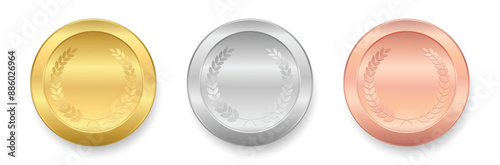 Gold, silver and bronze medals realistic shiny metallic set, with laurel wreath for Winner sports awards symbols, Celebration Championship Sports competition first, second and third place awards 