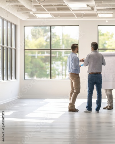 Three people discussing in a bright, modern office with large windows and natural light. The space is minimalistic and spacious. © KanitChurem