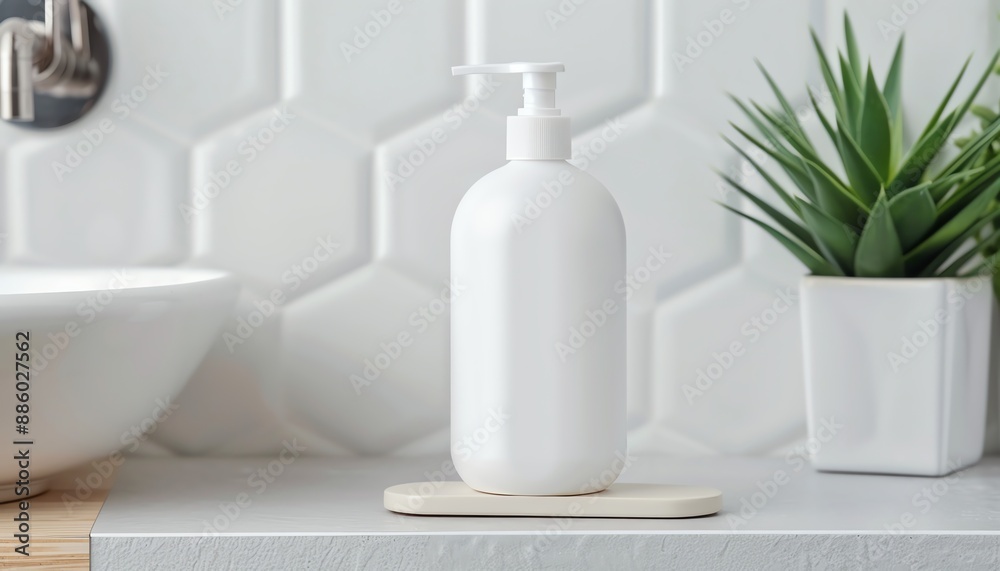 Liquid soap bottle with organized bathroom decor, clean and tidy look Liquid soap bottle with organized bathroom decor, clean and tidy look