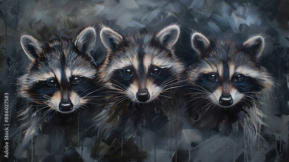 Obraz premium Three cute raccoons in the wild