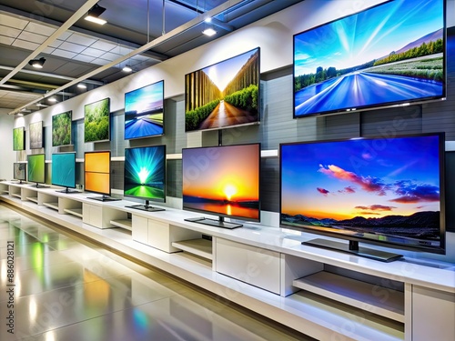 Wallpaper Mural Modern electronics store showcasing array of sleek, high-definition television sets with vibrant macro demo footage, illuminated against a clean, minimalist background. Torontodigital.ca