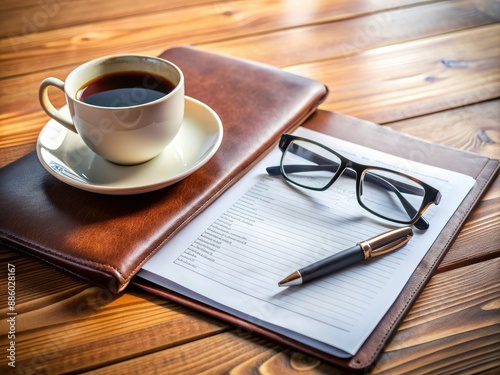 Fototapeta Naklejka Na Ścianę i Meble -  A polished wooden desk holds a pair of reading glasses, a leather-bound CV document, and a cup of coffee, evoking a professional business advisory atmosphere.