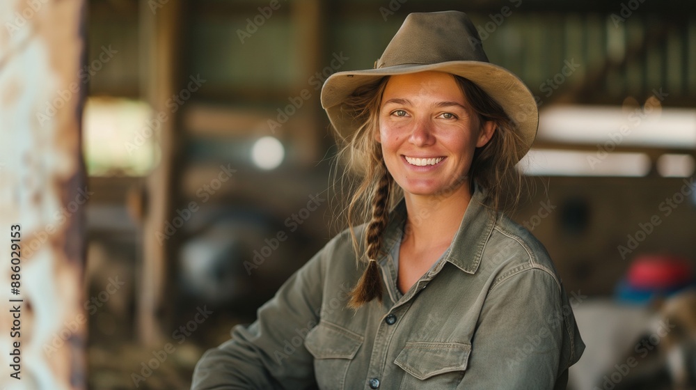 Warmly smiling female worker in animal husbandry, barn with livestock background, hat and work clothes, showing dedication and love, waist up Warmly smiling female worker in animal husbandry, barn with livestock background, hat and work clothes, showing dedication and love, waist up