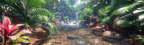 Lush Tropical Jungle Stream with Waterfall and Vibrant Vegetation photo