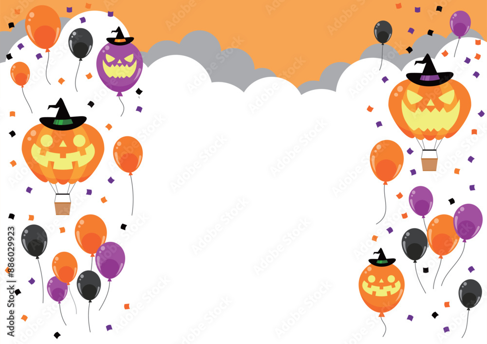 ハロウィン、風船、背景、イラスト、オレンジ、かわいい、昼、横 ハロウィン、風船、背景、イラスト、オレンジ、かわいい、昼、横