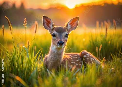 A serene young fawn reclines in a lush meadow of tall swaying grass, bathed in warm golden light of a majestic sunset background.