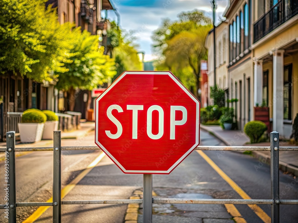 Vibrant red octagonal stop sign dominates a quiet urban street, flanked ...